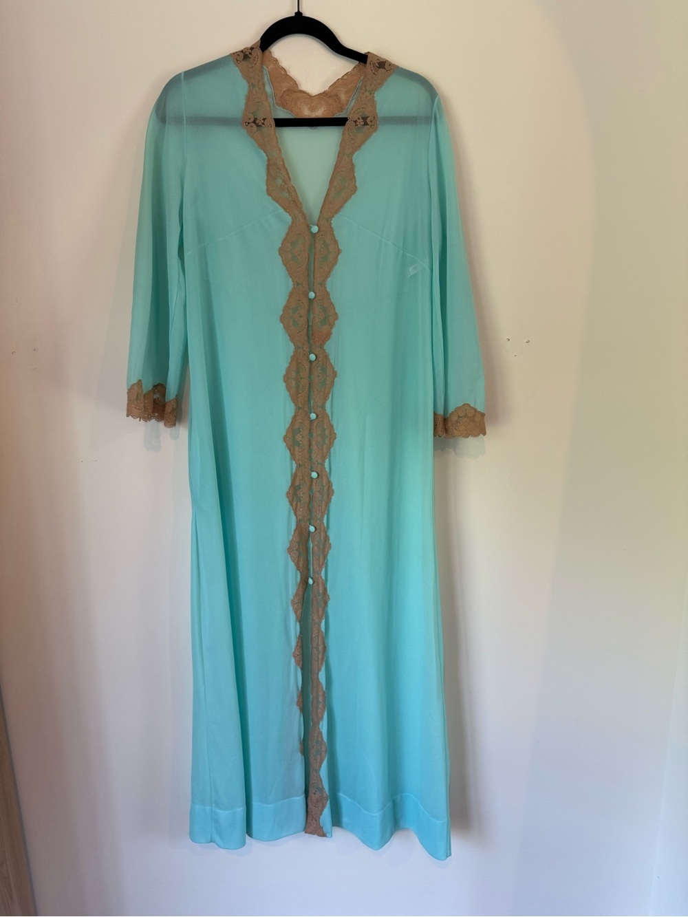 Vintage Emilio Pucci Aqua Nightgown and Robe Set with Tan Lace - Picture 3 of 16